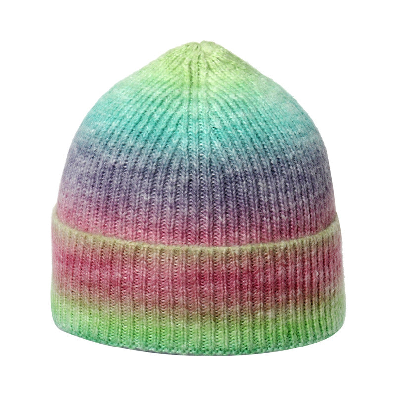 BamBam Autumn and winter gradient tie-dye printed warm hat rainbow woolen hat - BamBam
