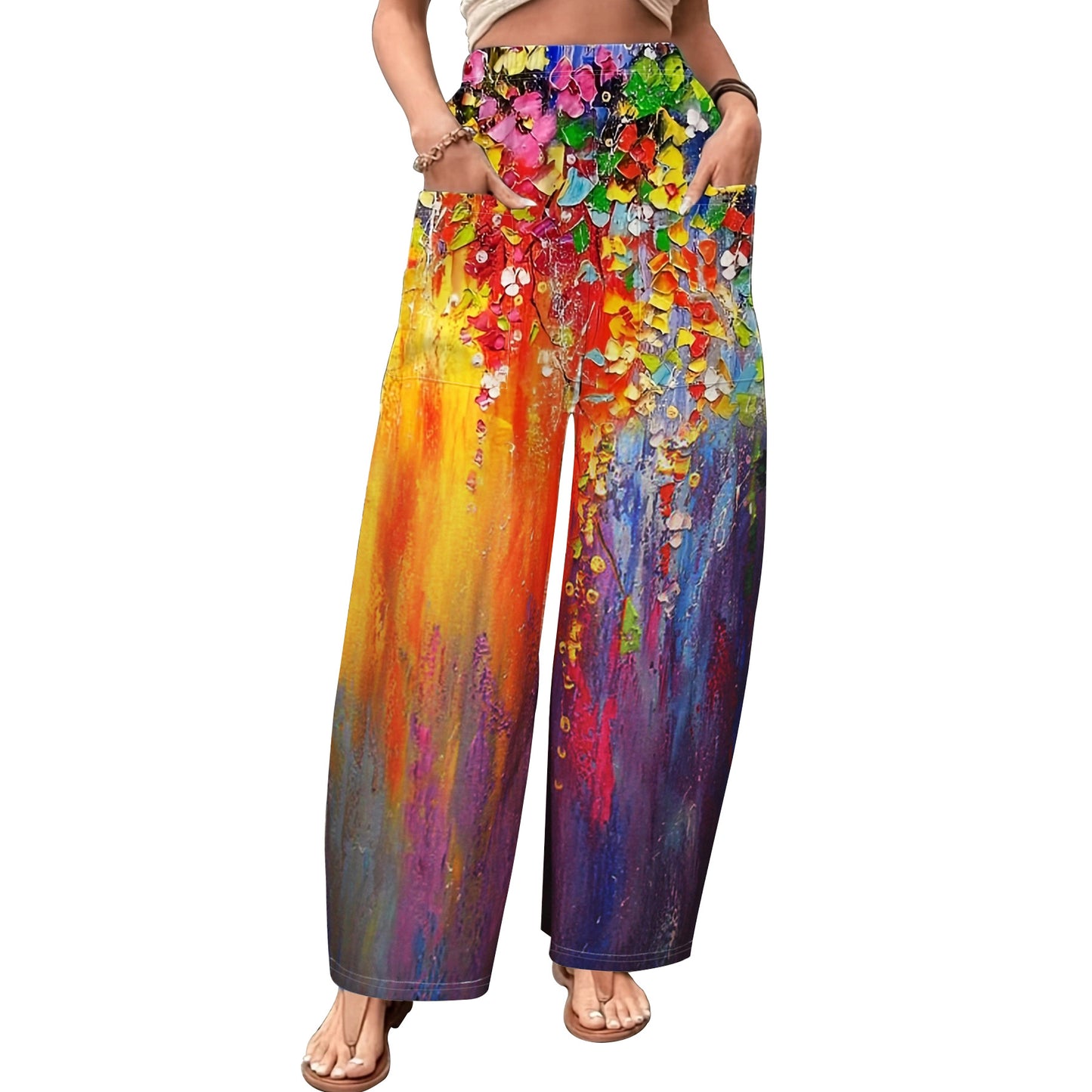 BamBam Women Casual High Waisted Loose Printed Wide Leg Pants - BamBam