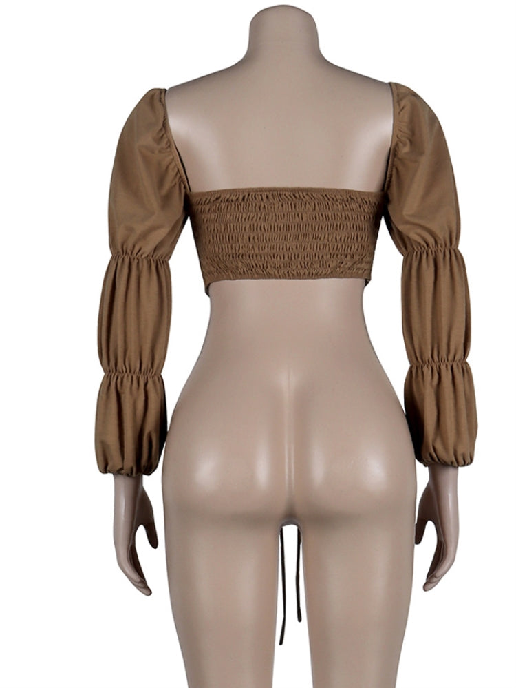 BamBam Summer Vintage Brown Puff Sleeve Cut Out Crop Top - BamBam