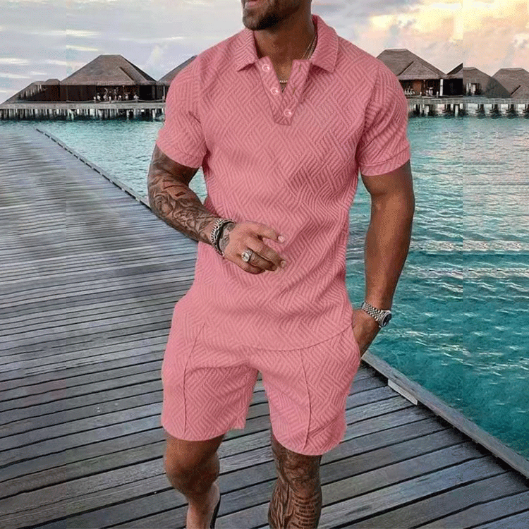 BamBam Men's Summer Fashion Casual Printed Turndown Collar Polo Shirt Shorts Two Piece Set - BamBam Clothing