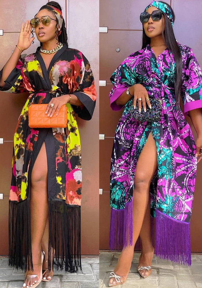 Women Sexy Printed Tassel Belt Dress Robe