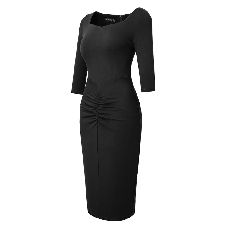 BamBam Career Ladies Square Neck 3/4 Sleeve Patchwork Ruched Tight Fitting Midi Dress - BamBam