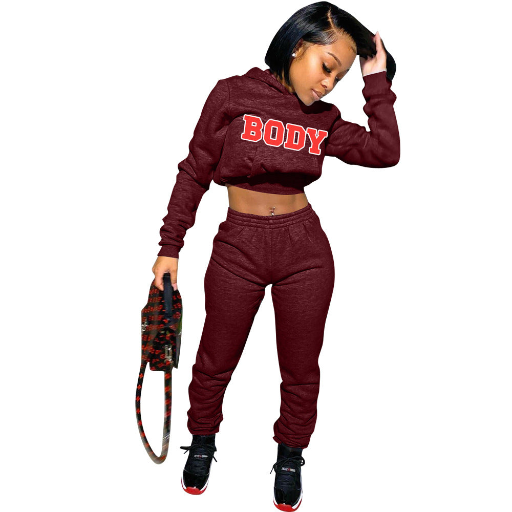 BamBam Women's Letter Print Hoodies Hooded Two Piece Tracksuit - BamBam