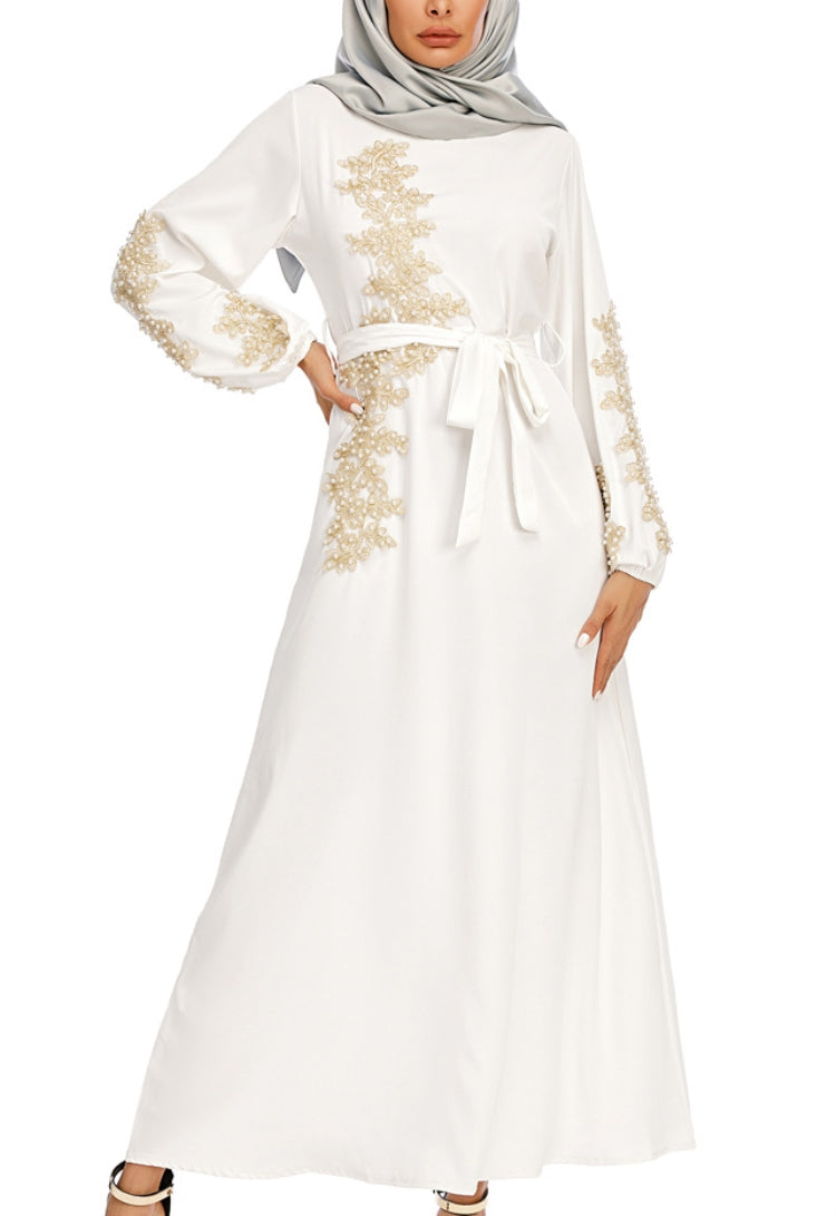 BamBam Arab Dubai Arab Middle East Turkey Morocco Islamic Clothing Rhinestone Kaftan Abaya Muslim Dress White - BamBam