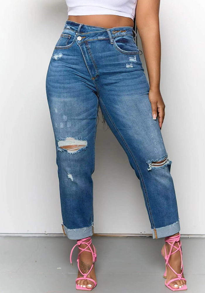 Women Ripped Diagonal Zip Denim Pants