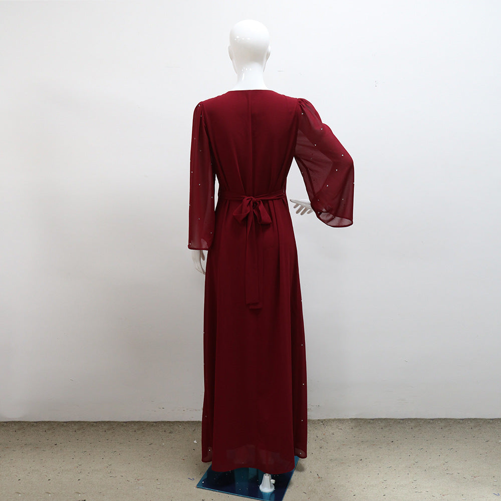 BamBam Women's Fashion Beaded Fake Two Piece Dresses Abaya Chiffon Robe - BamBam