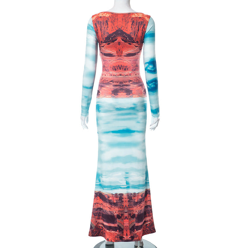 BamBam Women Fall Casual Hand Painted Printed Long Sleeve Round Neck Dress - BamBam