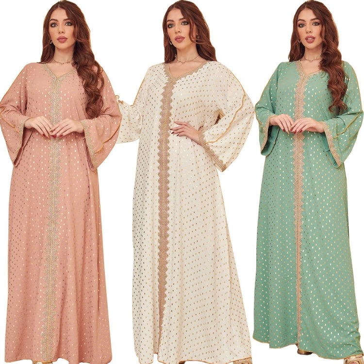 BamBam Women Spring Green Tape Print Embroidery Islamic Clothing Kaftan Abaya Muslim Dress - BamBam