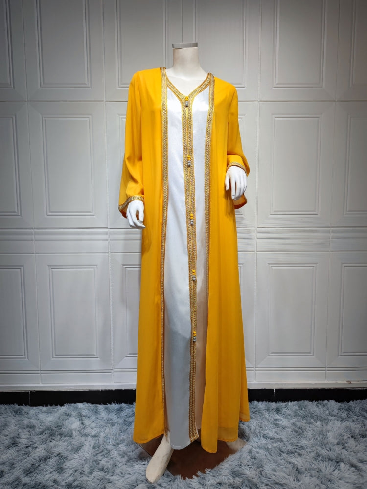 BamBam Women Spring Yellow Tape Belted Islamic Clothing Kaftan Abaya Muslim Dress two piece set - BamBam