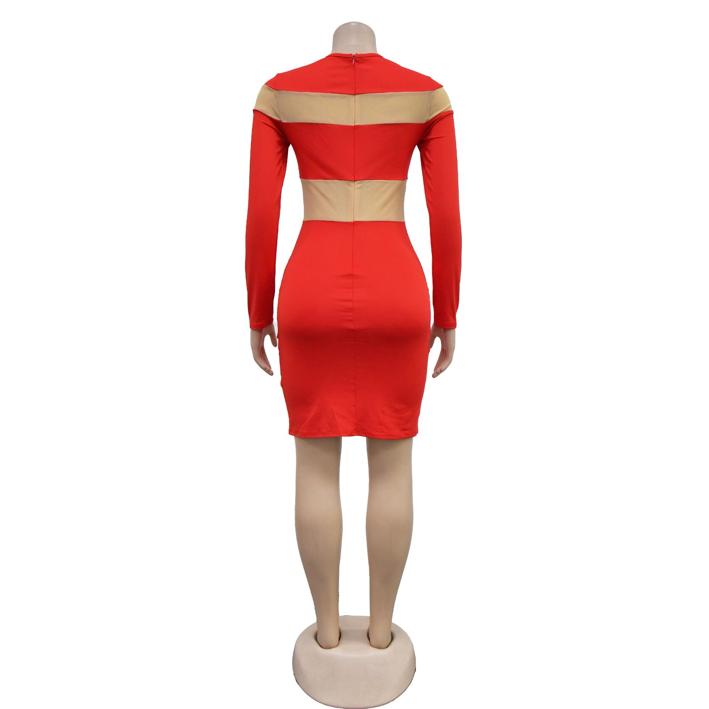 BamBam Fashion Women's Solid Color Long Sleeve Round Neck Cocktail Fancy Ladies Mesh Patchwork Bodycon Dress - BamBam Clothing