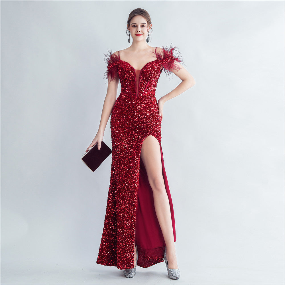 BamBam Women Herringbone ostrich velvet sequined mermaid evening dress - BamBam Clothing