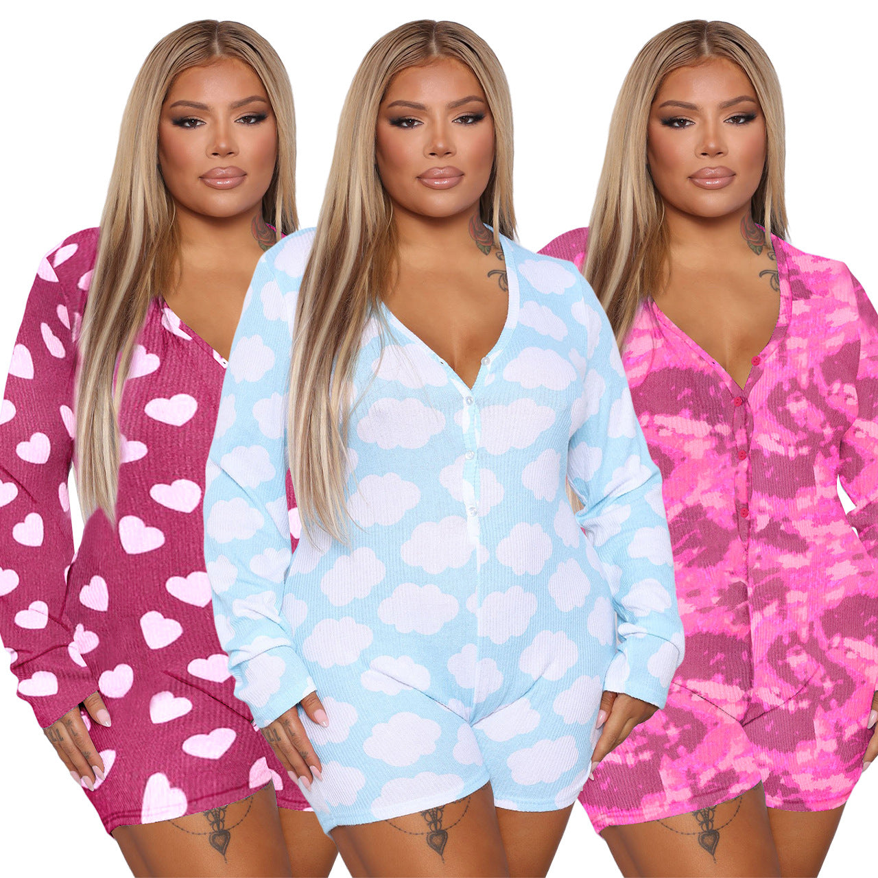 Plus Size Ladies Homewear V-Neck Print Jumpsuit