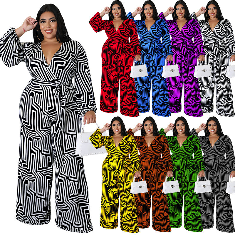 Plus Size Women'S Print Long Sleeve Wrap Wide Leg Jumpsuit