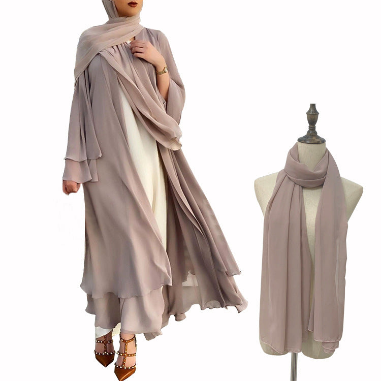 BamBam Muslim Solid Color Cardigan Feminine Flowing Chiffon Plus Size Women's Dress - BamBam