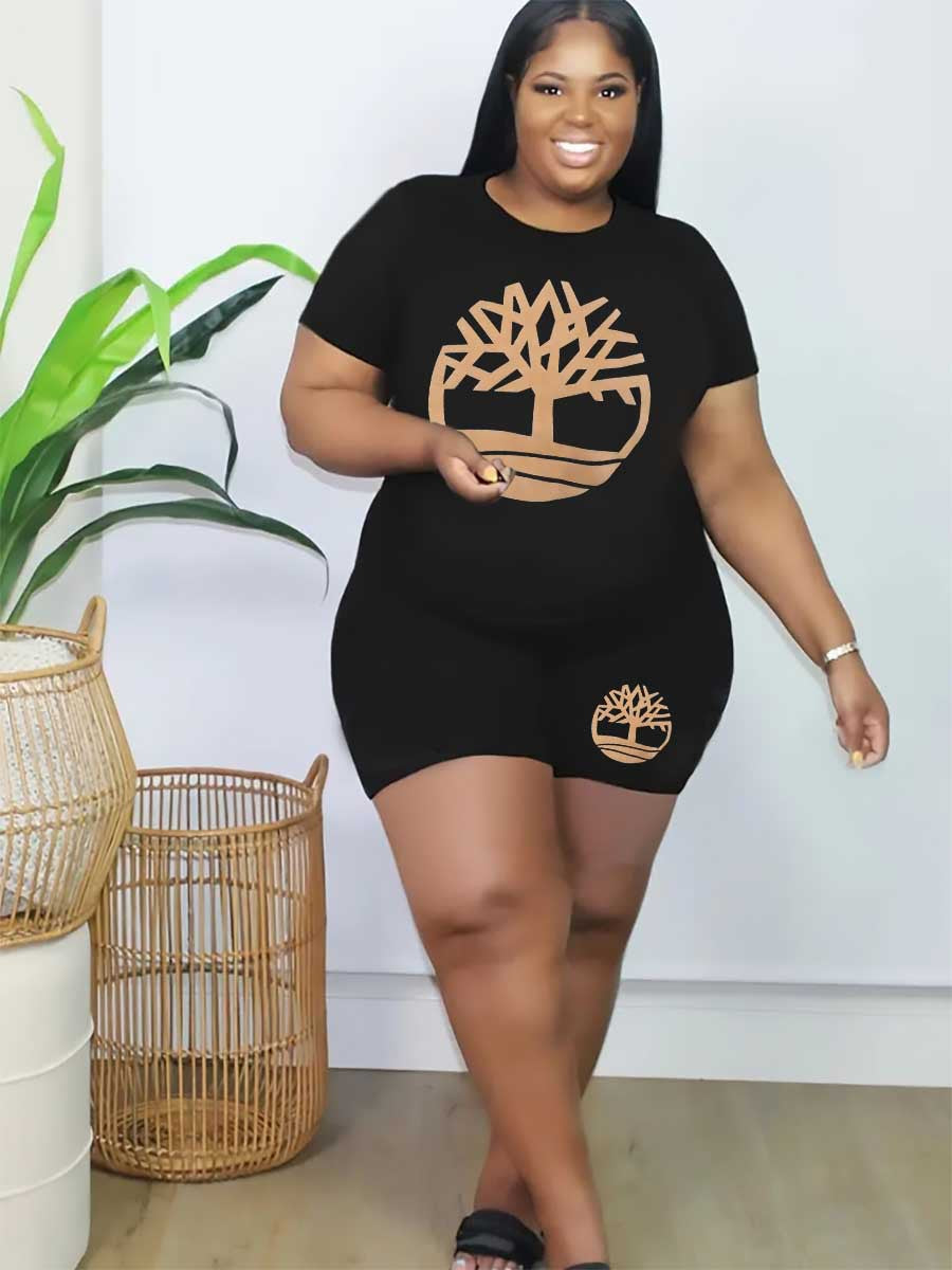 BamBam Plus Size Women Round Neck Short Sleeve Printed T-Shirt And Shorts Two-piece Set - BamBam