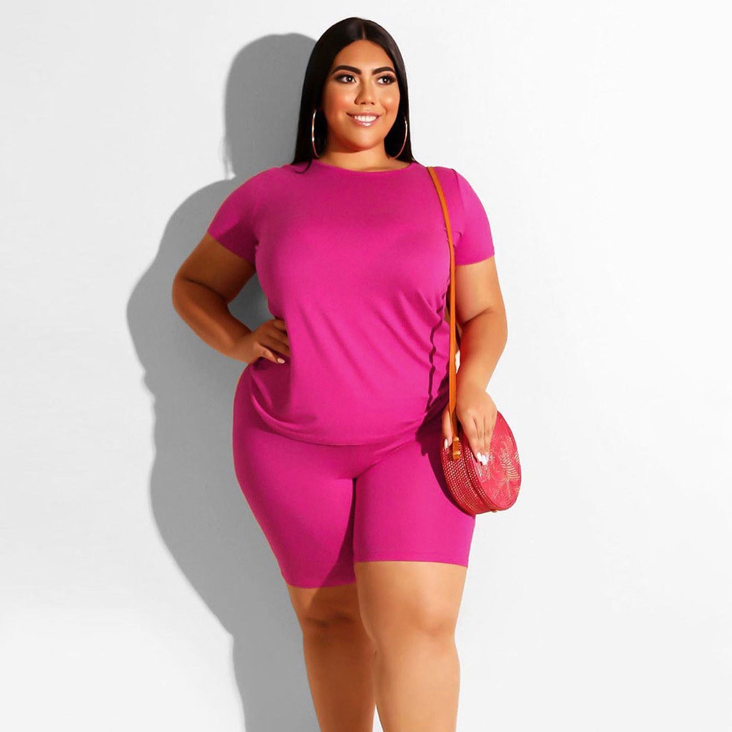 BamBam Plus Size Women's Casual Solid Round Neck Short Sleeve T-Shirt Shorts Two Piece Set - BamBam