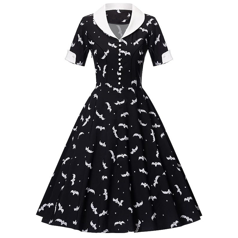 BamBam Halloween Witch Bat Print Short Sleeve Button Black And White Turndown Collar Retro A-Line Swing Dress - BamBam