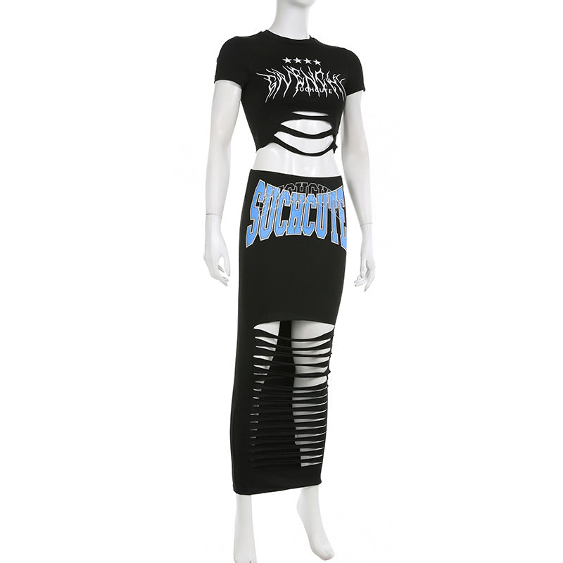 BamBam retro print Ripped hollow Round Neck pullover short t-shirt + Tight Fitting high waist long skirt two-piece set - BamBam