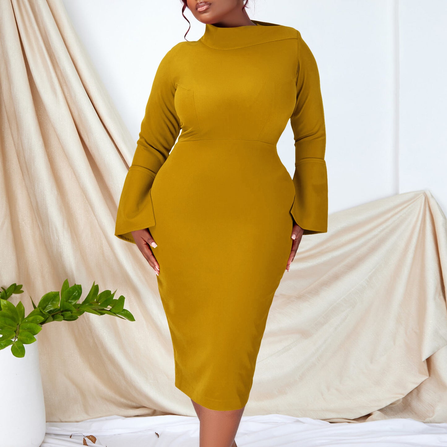 BamBam Women's Fashion Chic Elegant Long Sleeve Slash Shoulder Bodycon Stretch Pencil African Dress - BamBam