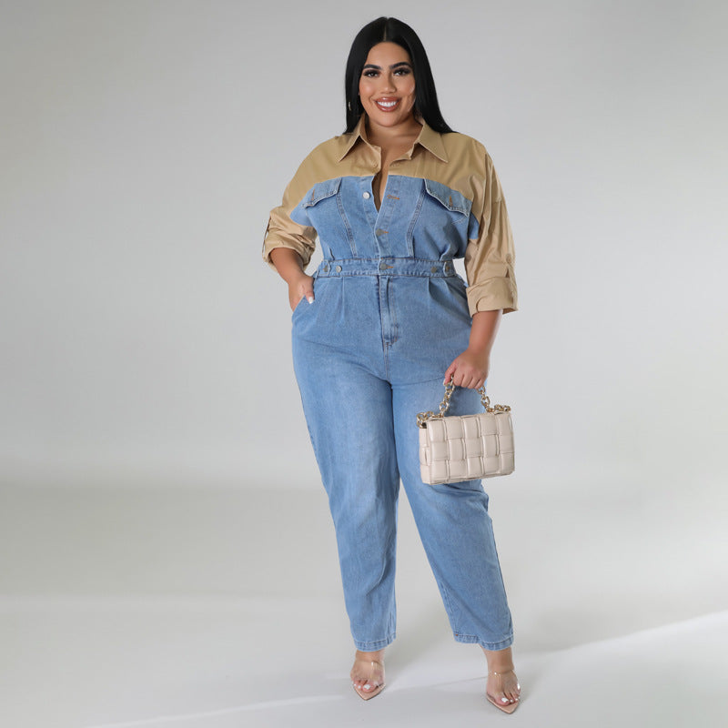 BamBam Plus Size Women's Denim Contrast Jumpsuit - BamBam Clothing