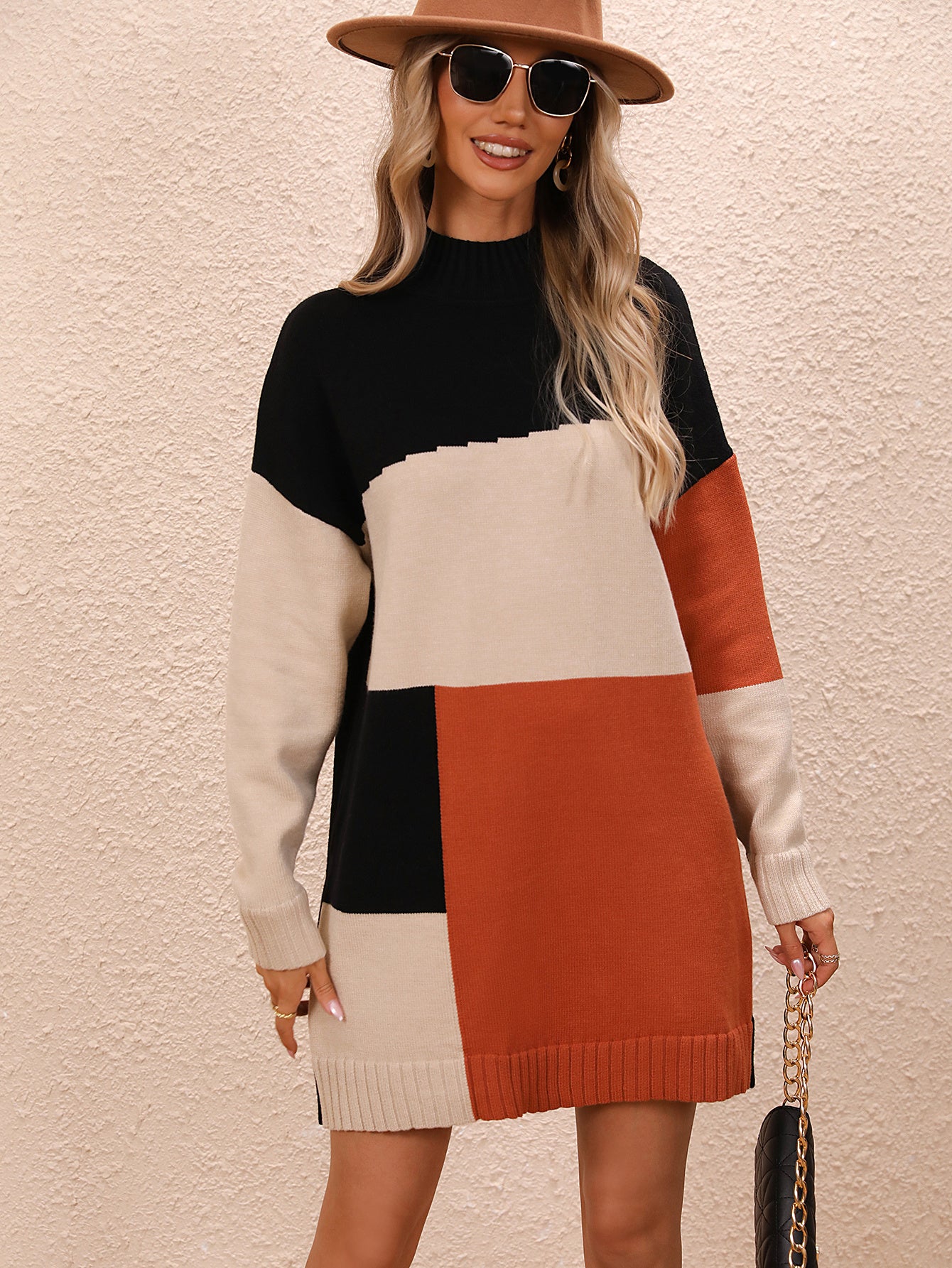 BamBam Plus Size Women Colorblock Round Neck Knitting Sweater Dress - BamBam