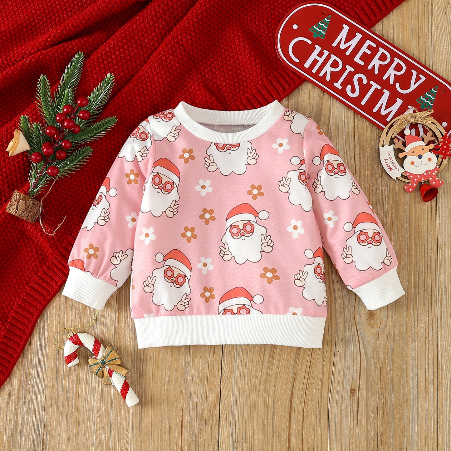 BamBam Christmas Girl cartoon Santa Claus printed long-sleeved Top and Pant two-piece set - BamBam