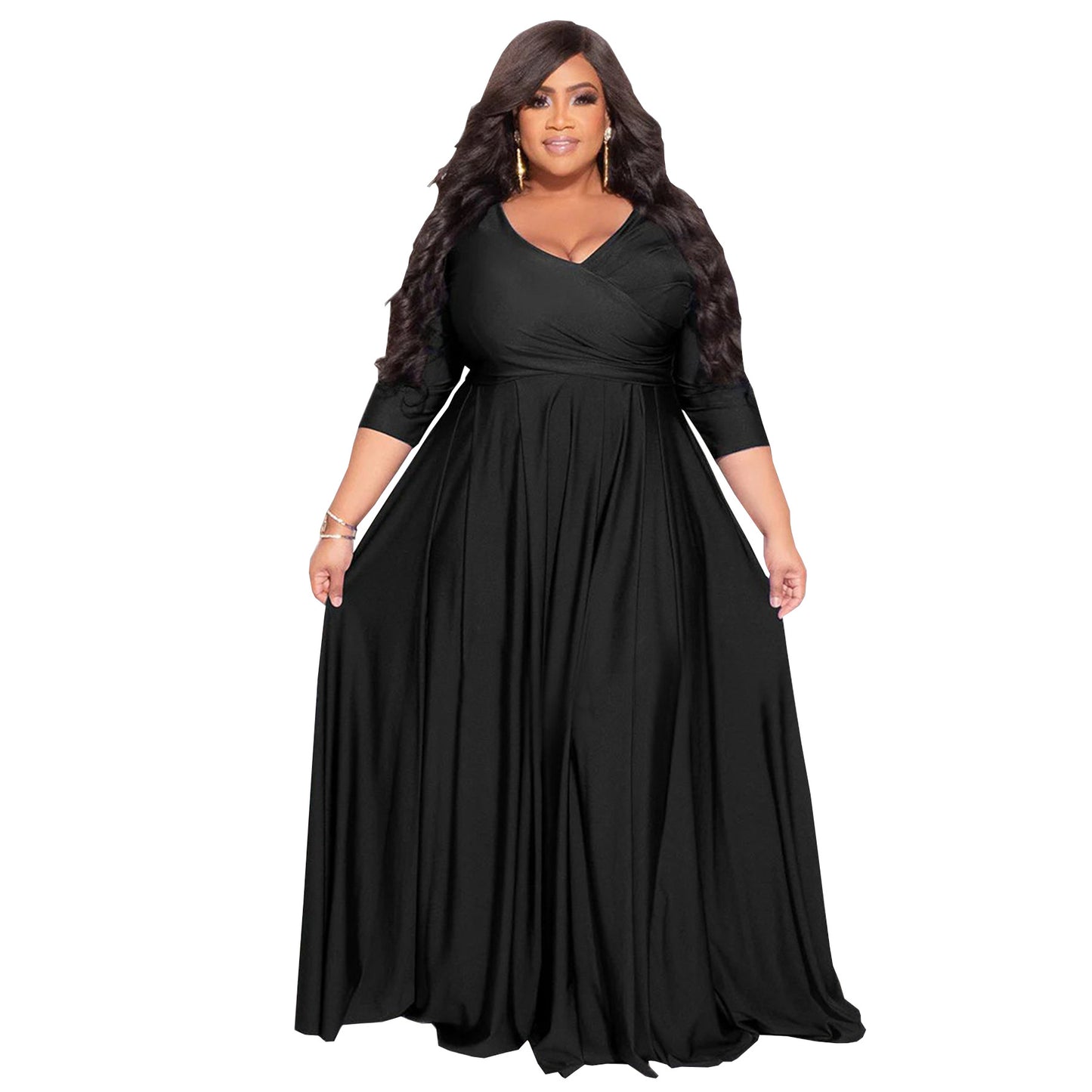 BamBam Plus Size Women's Solid Color V-Neck Sexy Long Dress - BamBam