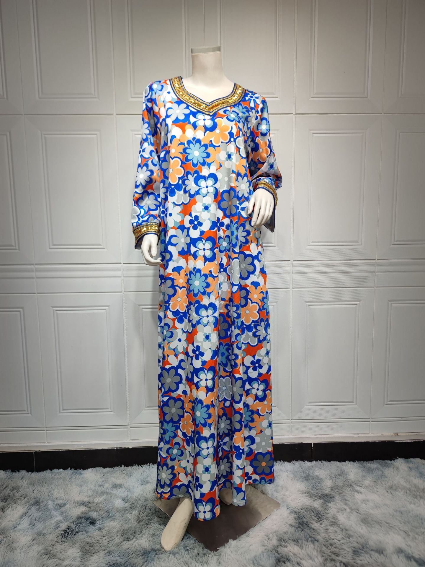 BamBam Muslim loungewear print jalabiya Beaded dubai ladies robe - BamBam