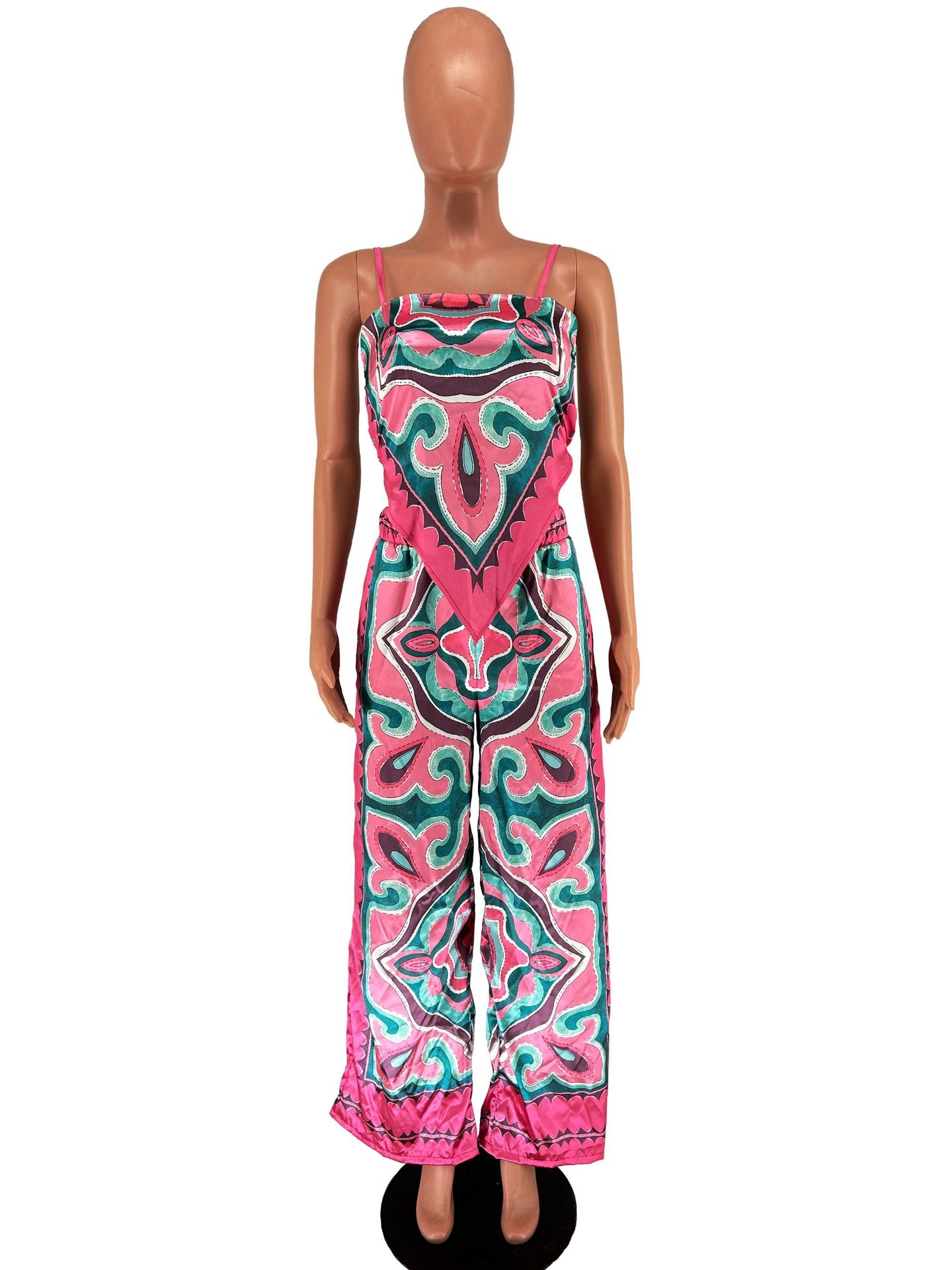 BamBam Women summer printed sexy suspenders Top and straight pants two-piece set - BamBam