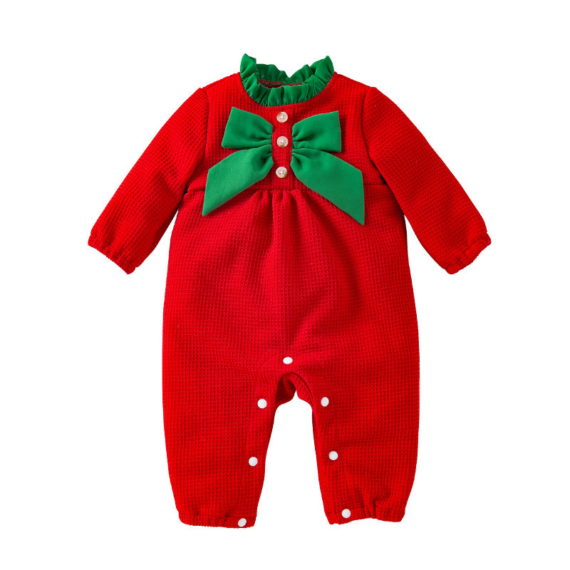 BamBam Autumn And Winter Christmas Baby Jumpsuit Fashion Trendy Bow Red And Green Long Sleeve Jumpsuit - BamBam