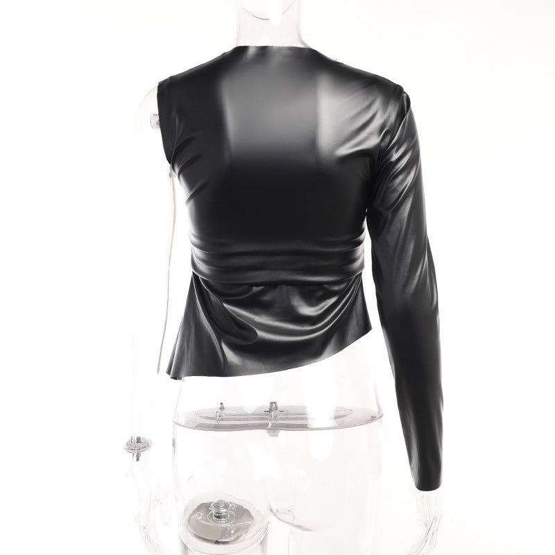 BamBam One Shoulder Round Neck Long Sleeve Pu Leather Tight Fitting Fashion Casual Top Women's Clothing - BamBam