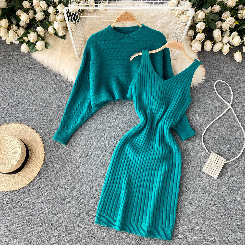 BamBam Women French sexy Bodycon Strap Dress +and loose knitting sweater two-piece set - BamBam