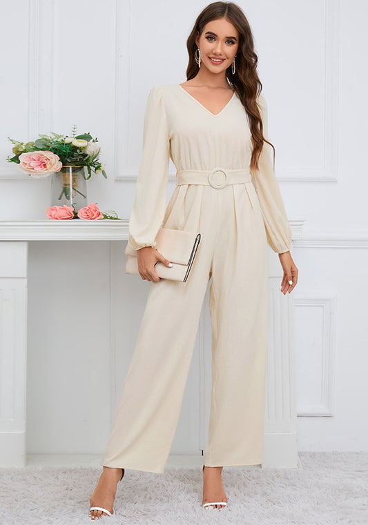 Women Casual Solid V-Neck Long Sleeve Pants Jumpsuit Belt Included