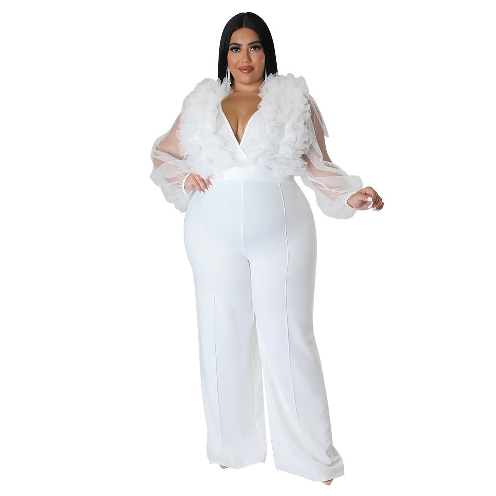 BamBam Sexy Deep V Solid Color Plus Size See-Through Long Sleeve Women Jumpsuit - BamBam Clothing