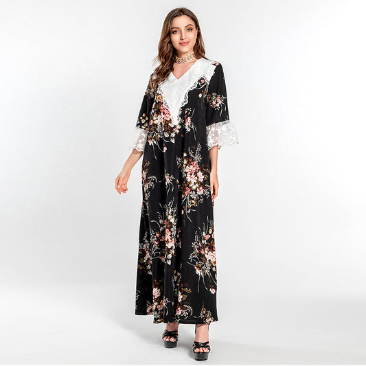 Women Muslim Round Neck Lace Print Loose Maxi Dress