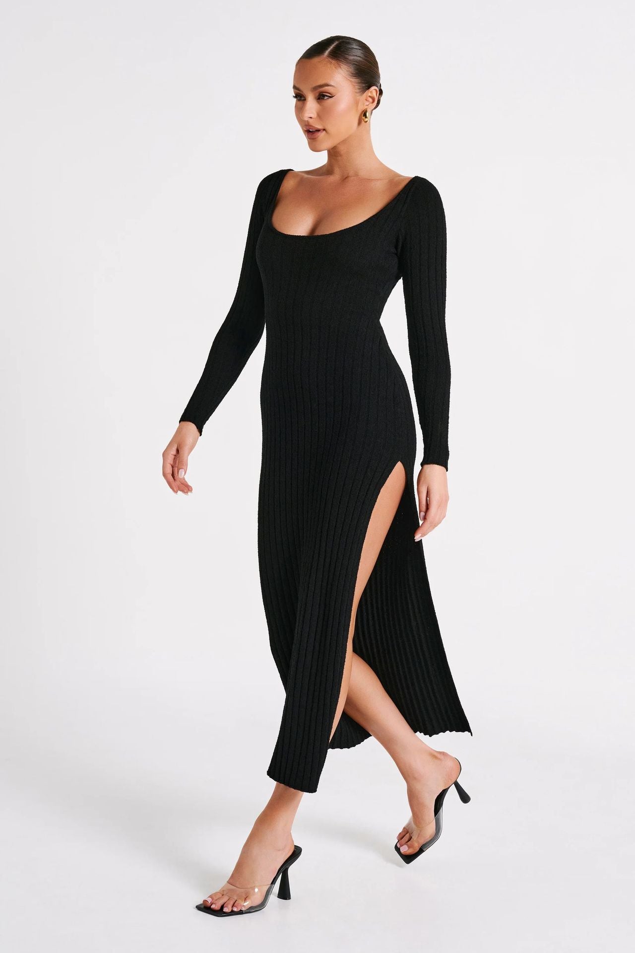 BamBam Women Autumn and Winter Round Neck Long Sleeve Slit Sexy Knitting Dress - BamBam