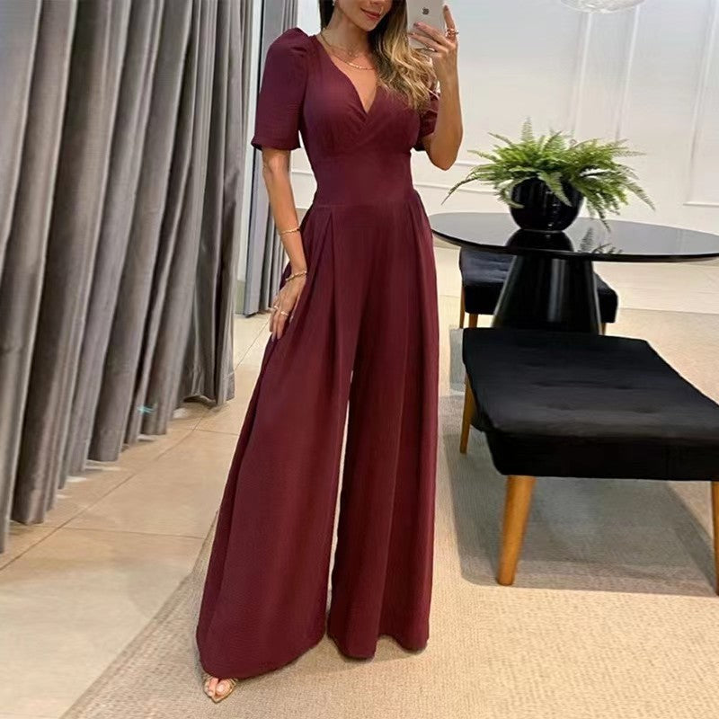 BamBam Fall Casual Women's Solid Color High Waist Ladies Wide Leg Jumpsuit - BamBam Clothing