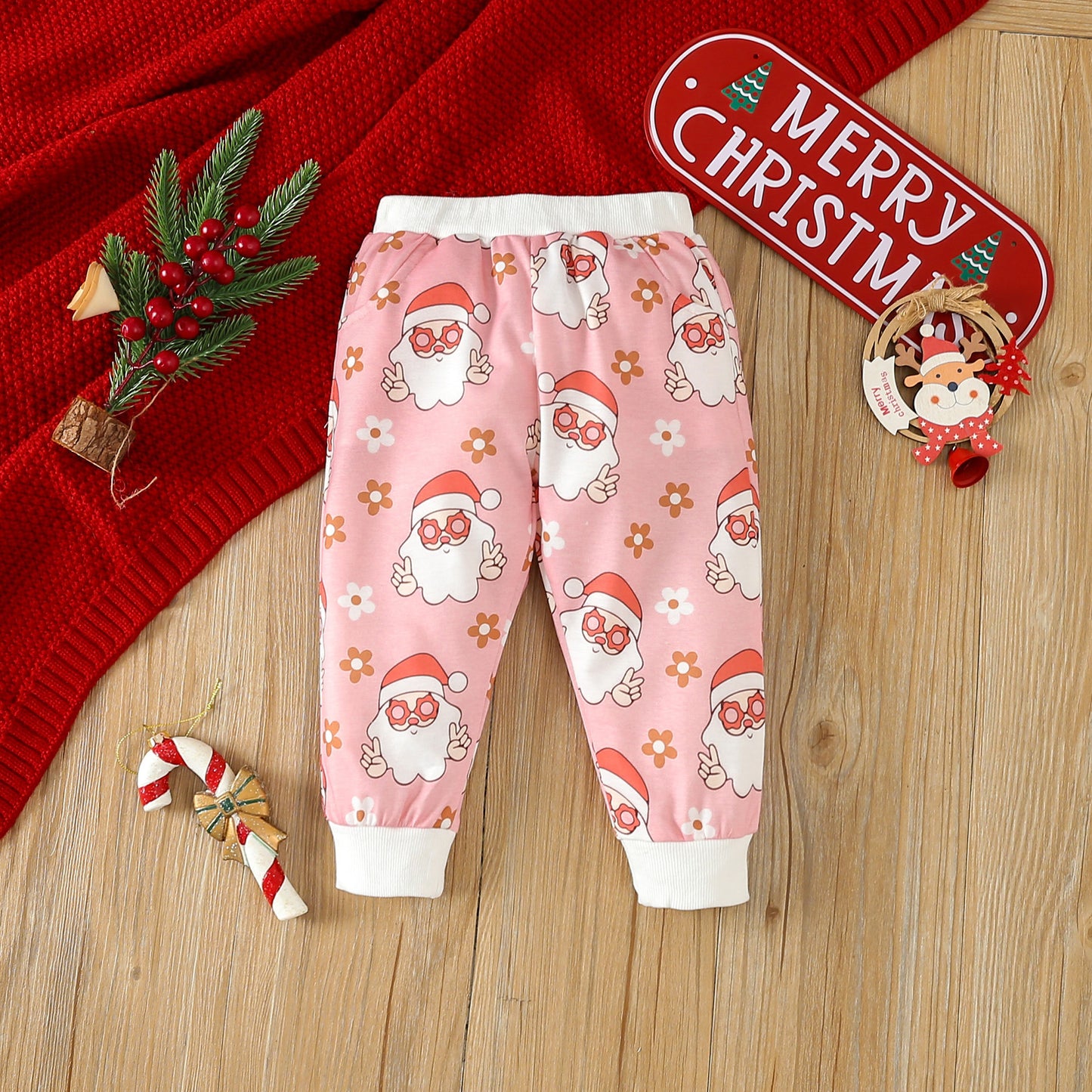 BamBam Christmas Girl cartoon Santa Claus printed long-sleeved Top and Pant two-piece set - BamBam