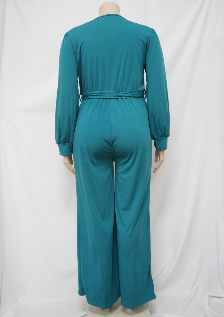 BamBam Autumn Plus Size Elegant Wrap Jumpsuit Green - BamBam Clothing