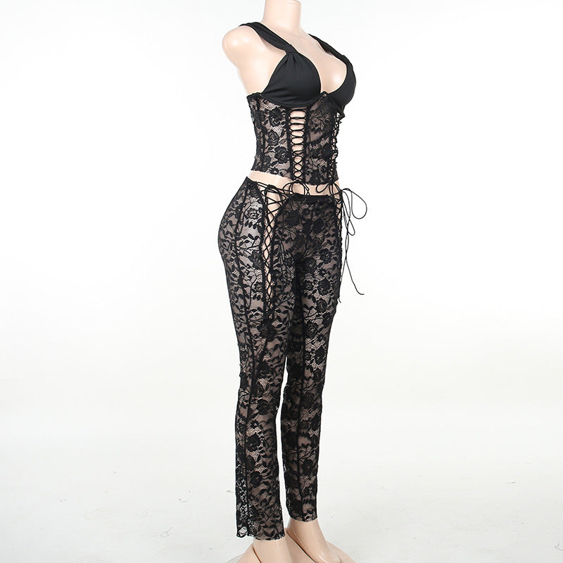 BamBam Autumn Women's Clothing Fashion Style Sexy Hollow Slim See-Through Lace Straps Two Piece Pants Set For Women - BamBam