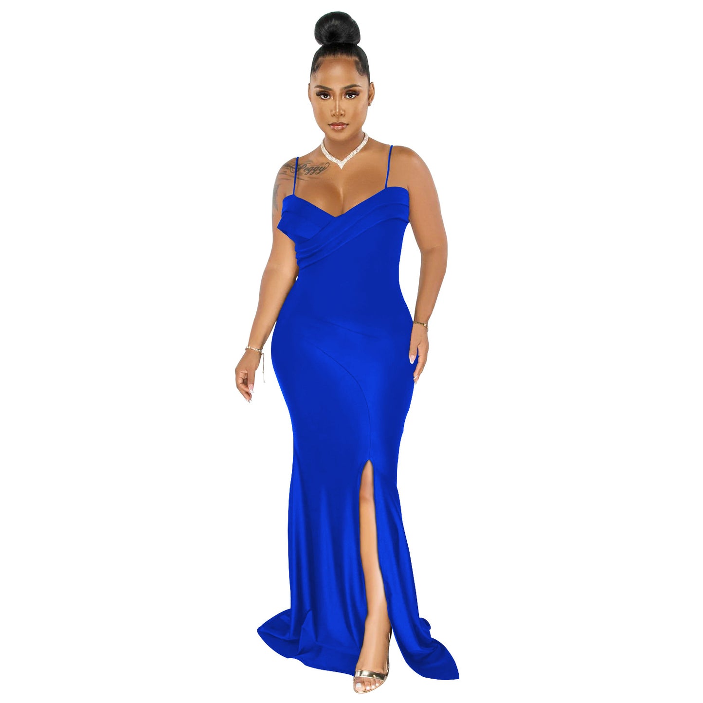 BamBam Fashion Women'S Solid Color Strap Pleated Wrap Chest Slit Evening Dress - BamBam Clothing