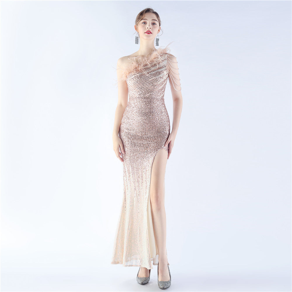 BamBam Women Gradient Sequins Beading and Ostrich Feather Slash Shoulder One-shoulder Evening Dress - BamBam Clothing