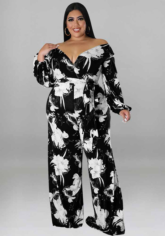 Plus Size Women Fall Print V-Neck Off Shoulder Jumpsuit