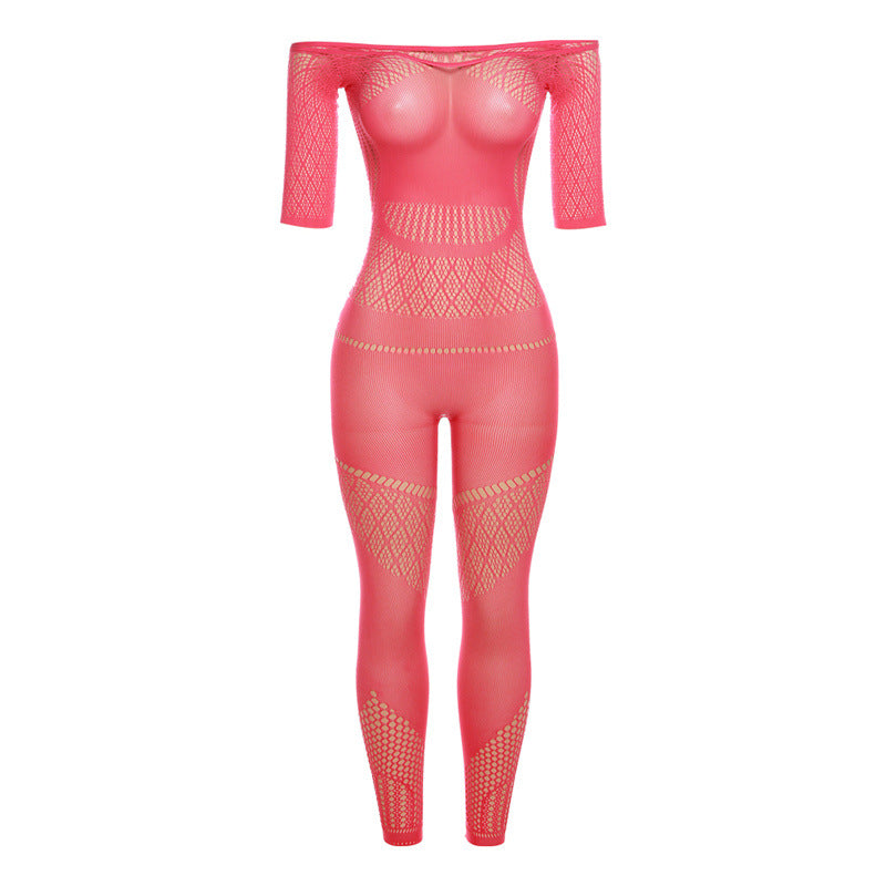 BamBam Summer Women Sexy Mesh See-Through Hollow Solid Jumpsuit - BamBam Clothing