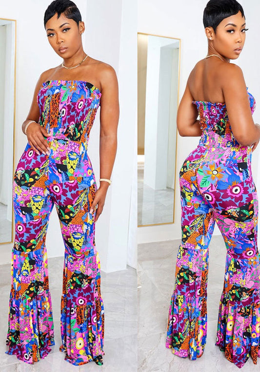 Sexy Print Plus Size Lace Jumpsuit Bell Bottom Pants