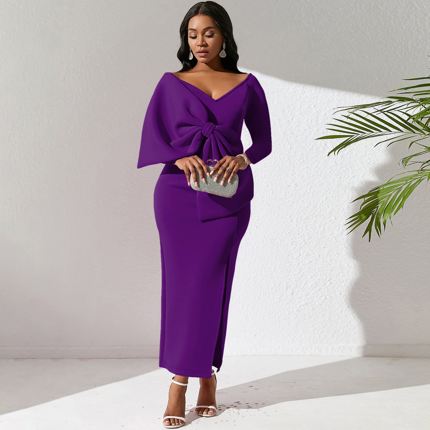 BamBam Deep V Bow High Waist Plus Size Women's Party Maxi Dress - BamBam Clothing