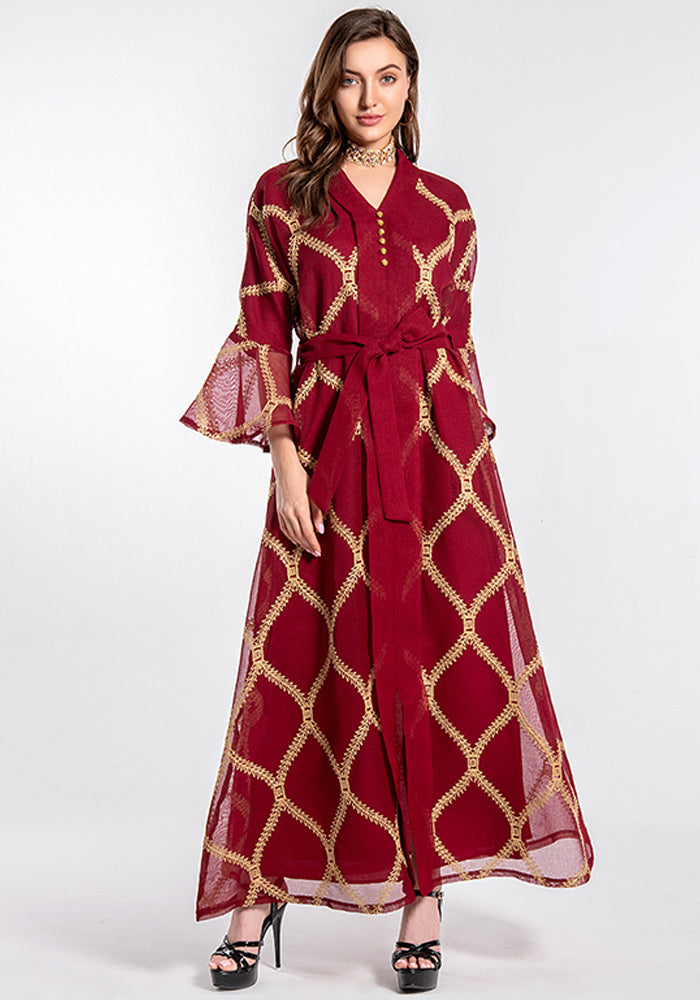 Women Summer Burgunry Arab Dubai Middle East Turkey Morocco Plaid Print Belted Islamic Clothing Kaftan Abaya Muslim Dress