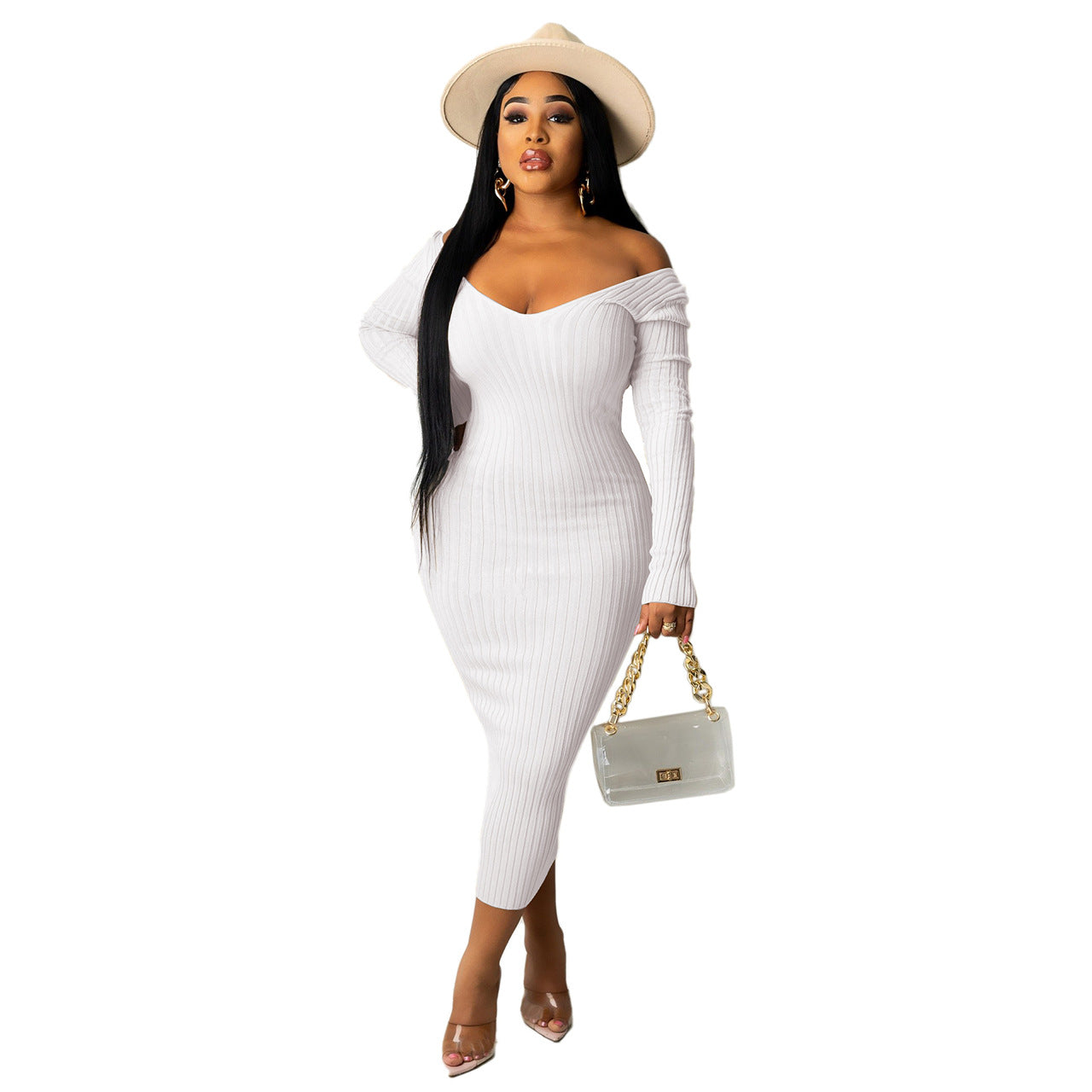 BamBam V-Neck Off-Shoulder Ribbed Slim Sexy Dress - BamBam Clothing