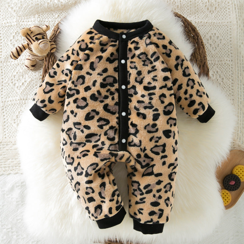 BamBam Autumn And Winter Newborn Baby Jumpsuit Warm Fleecee Long-Sleeved Baby Leopard Print Jumpsuit Cute Baby Crawling Set - BamBam
