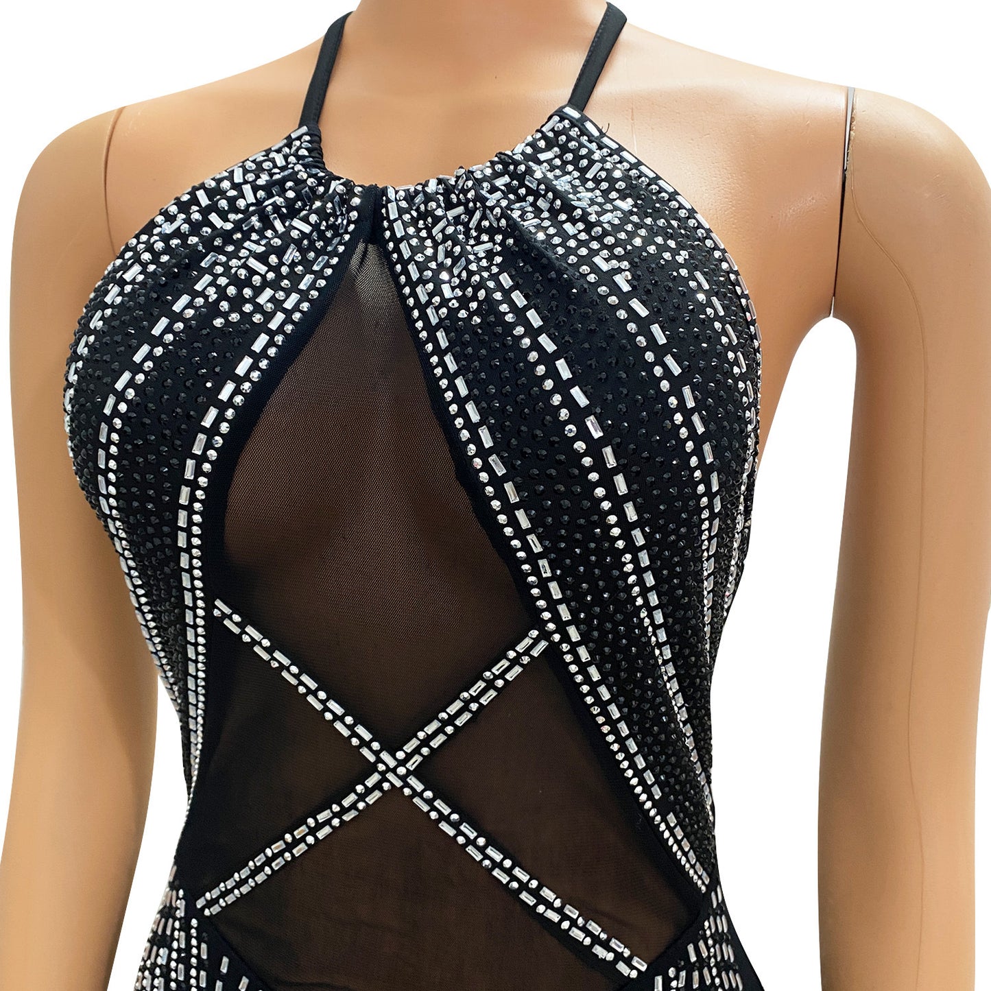 BamBam Women Sexy Mesh Patchwork Beaded Backless Dress - BamBam Clothing Clothing